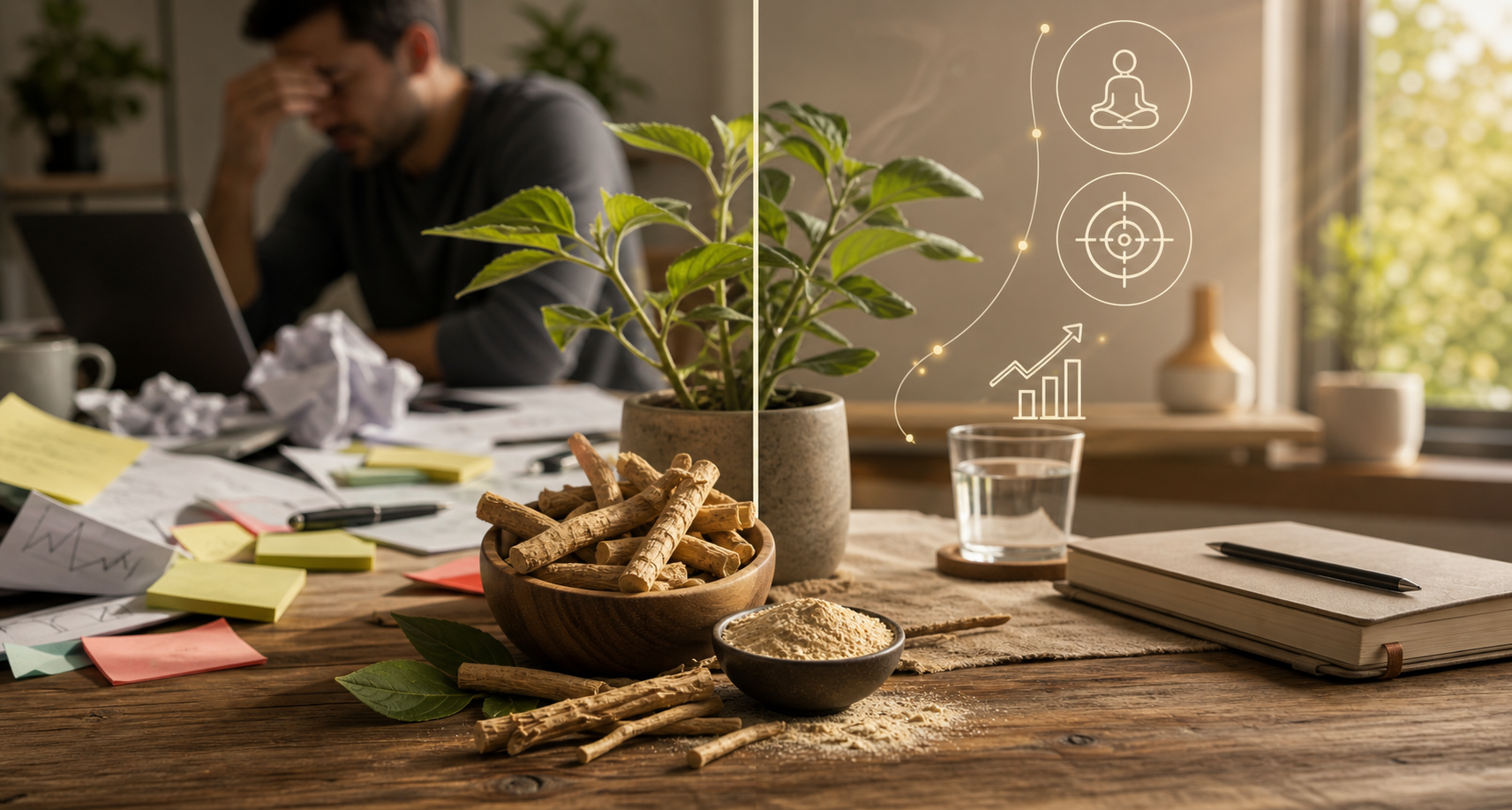 Ashwagandha root beside a calm morning work routine with organised notes and focus cues