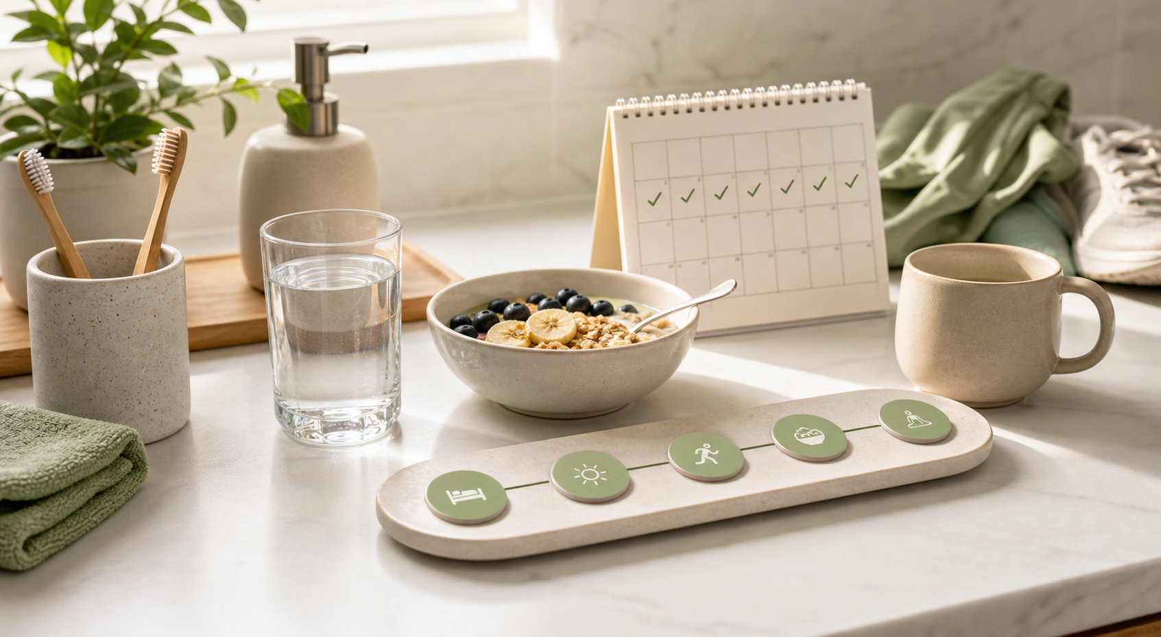 Morning routine objects arranged as a simple daily habit path with checkmarks