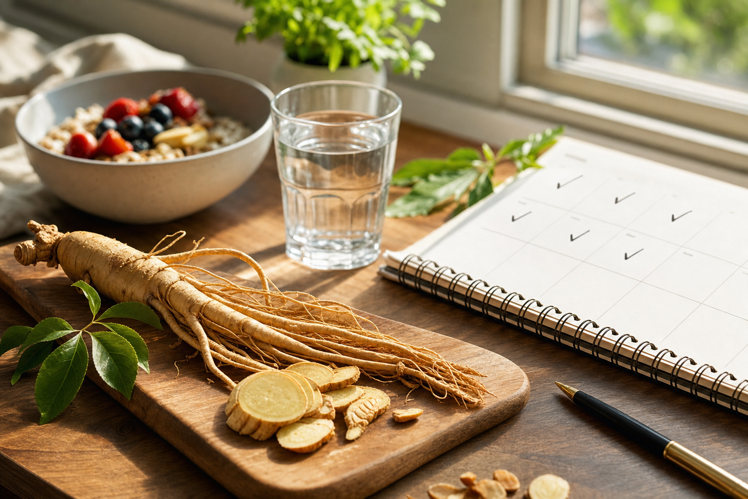 Ginseng root arranged with a weekly routine planner and morning wellness table