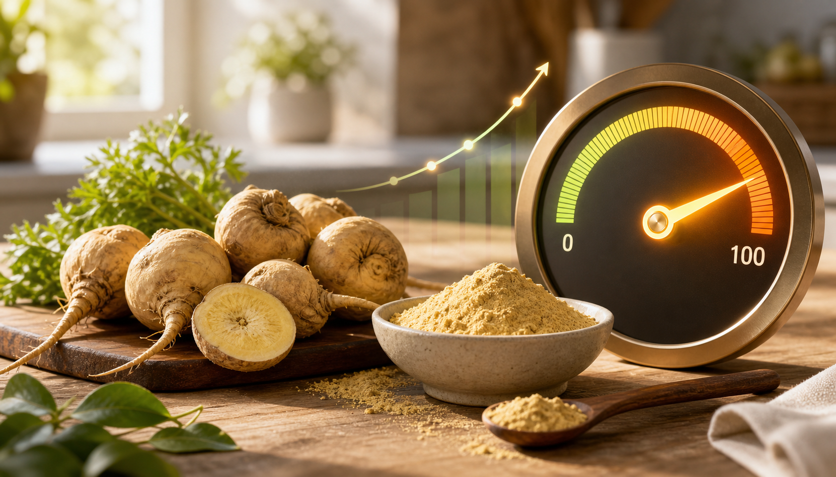Maca root and botanical powder beside an energy dial rising from 0 to 100