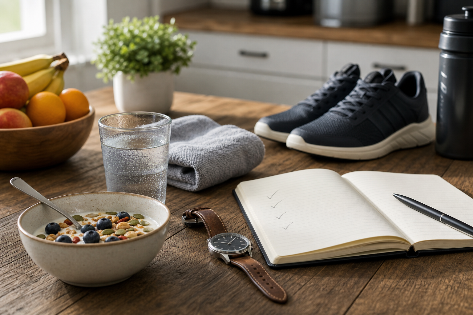 Morning routine scene for men over 40 with water, trainers, watch, and checklist notes