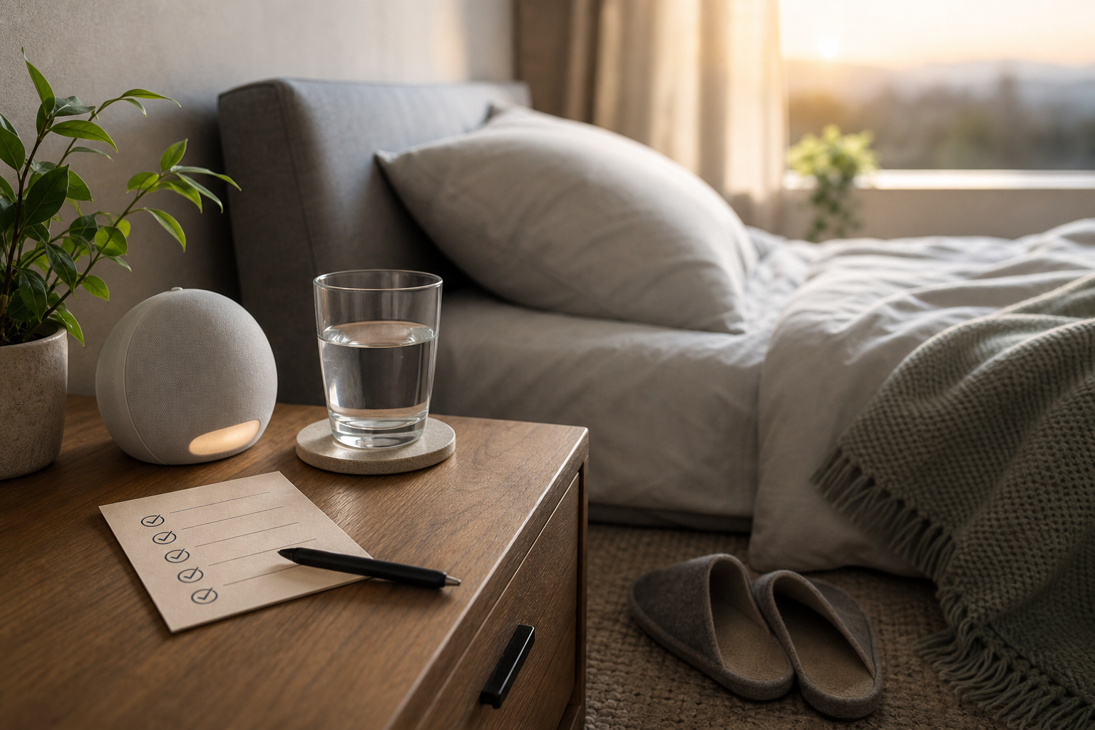 Calm dawn bedside scene with water glass, slippers, and health checklist card
