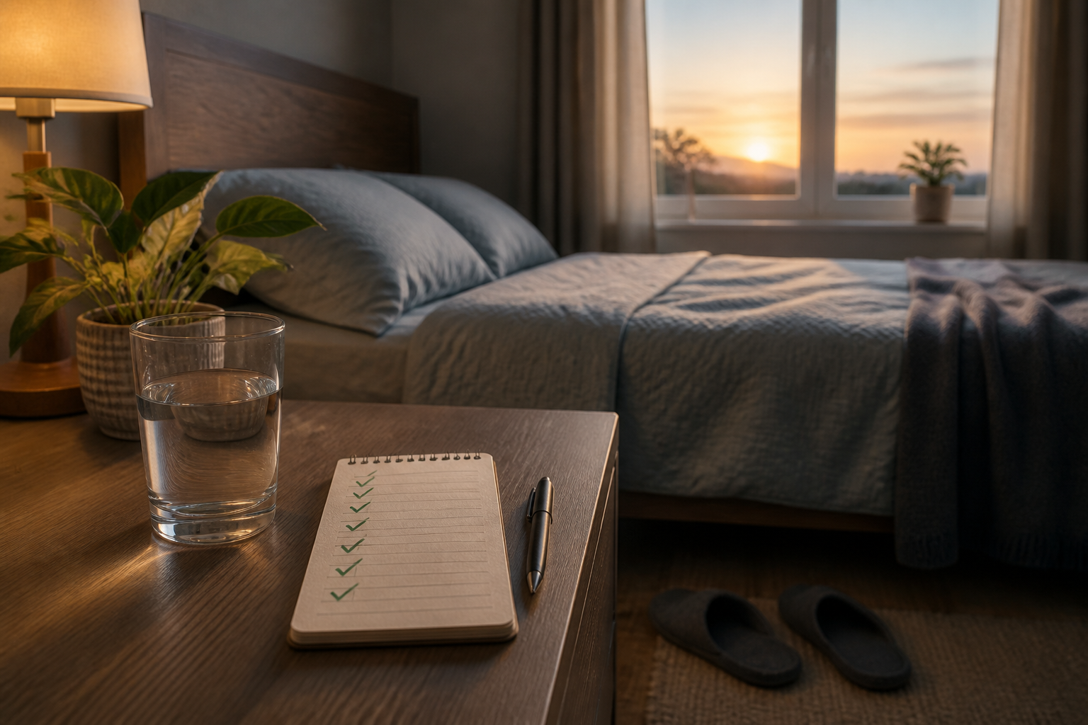 Calm dawn bedside scene with water glass, slippers, and a prostate health checklist