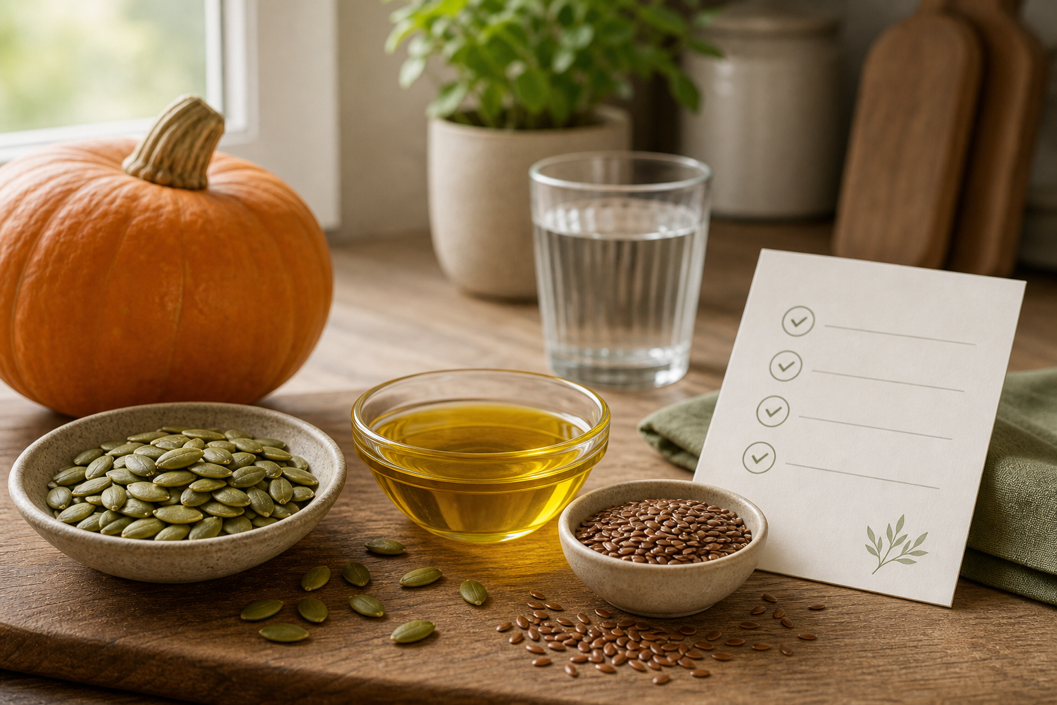 Pumpkin seeds, golden oil, flaxseed, and a prostate support routine checklist