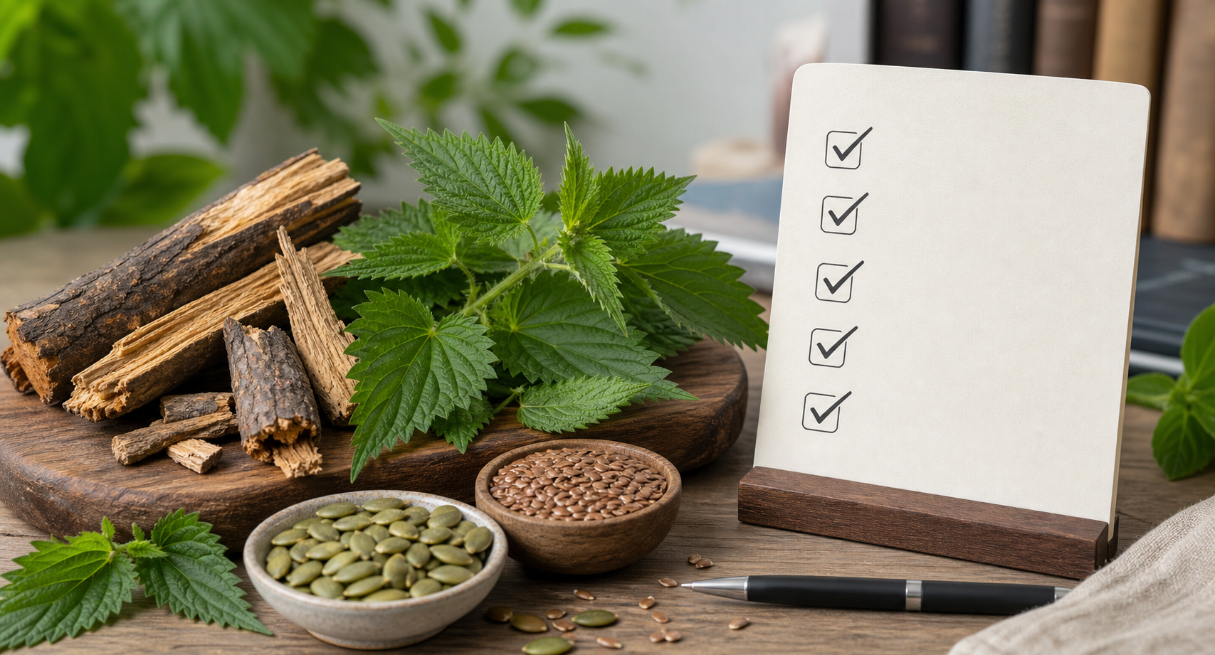 Pygeum bark, nettle leaves, pumpkin seeds, flaxseed, and a prostate support checklist