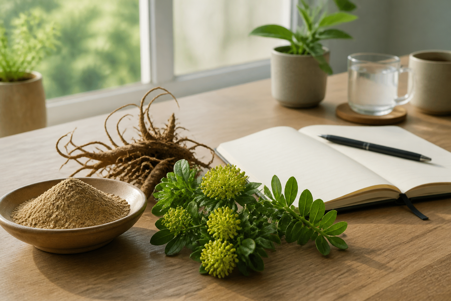 Rhodiola root, botanical powder, and a calm morning work notebook for energy and stress support
