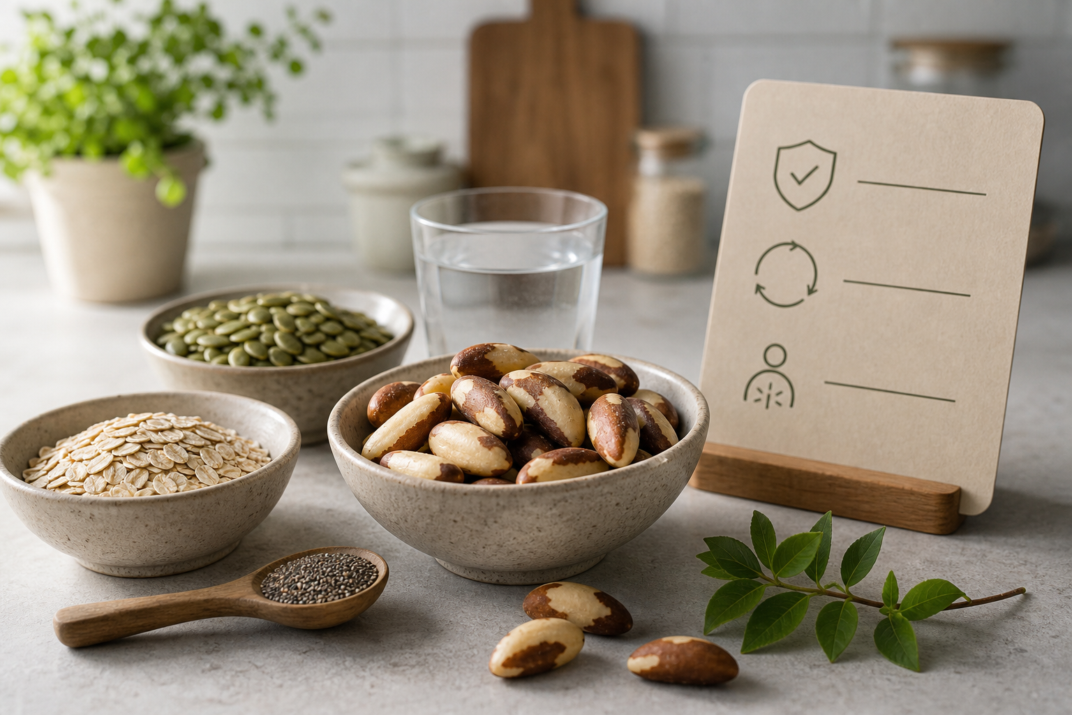 Brazil nuts, oats, seeds, and a mineral education card for selenium label reading