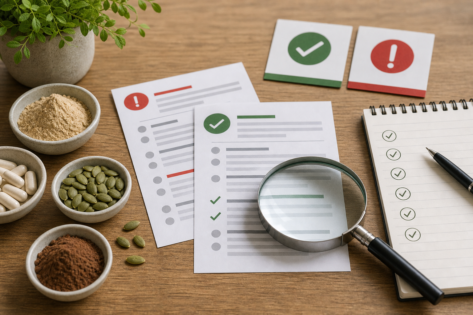 Supplement label inspection scene with magnifying glass and checklist markers