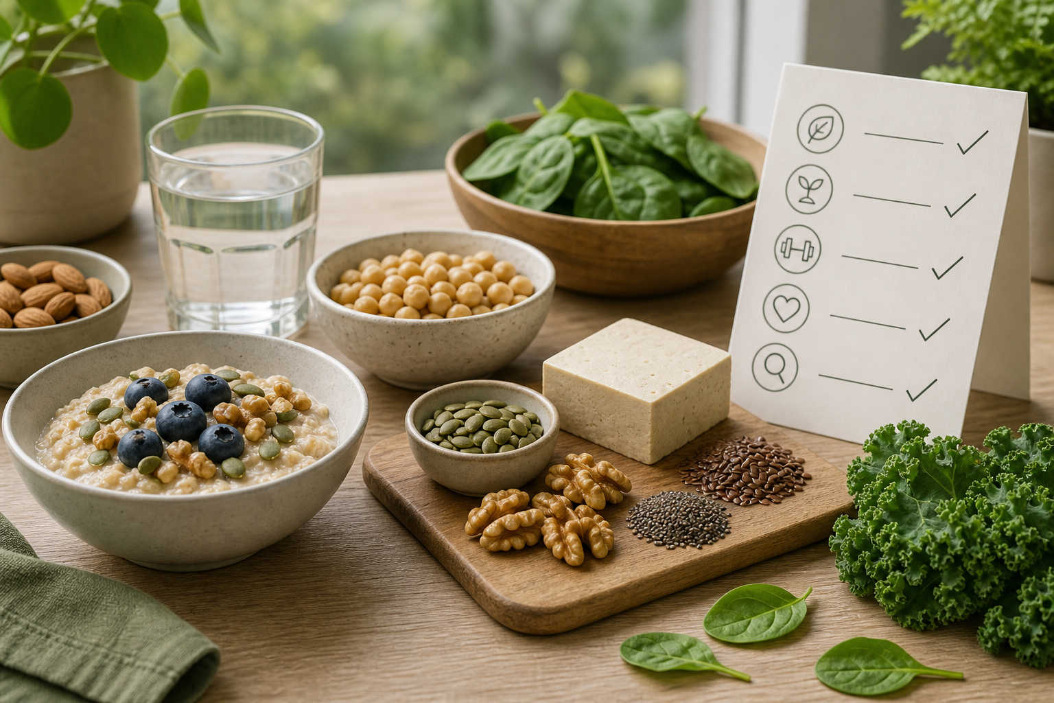 Plant-based breakfast table with oats, nuts, seeds, green leaves, and vegan checklist card