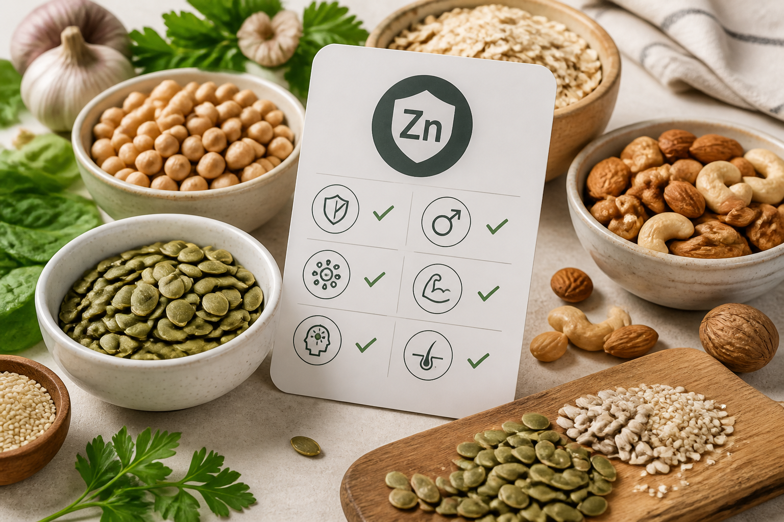 Zinc-rich foods arranged beside a clean mineral education checklist card